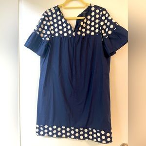 JCrew navy shift dress with white polka dots, v-neck with ruffle short sleeves